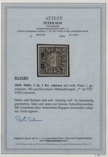 Bayern, 1849, Mi.- Nr.: 1 Ia, gestempelt, akt. Foto- Attest Sem BPP: e + .... e! Gutes Kabinettstück! Dekorativ und selten! RR!