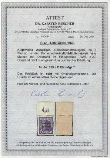 SBZ, Allgemeine Ausgaben, 1948, Mi.- Nr.: 183 e POR ndgz , **, akt. FA Dr. Ruscher BPP: e+e! Luxusstück! Rarität!