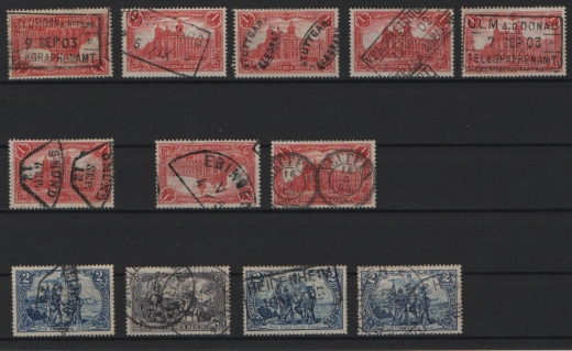 DR, Germania o.WZ., 1902, kl. Lot Markwerte, aus Mi.- Nrn.: 78B (2x), 79 A, 80 A, u.a., je mit interessanten und seltenen Abstempelungen!