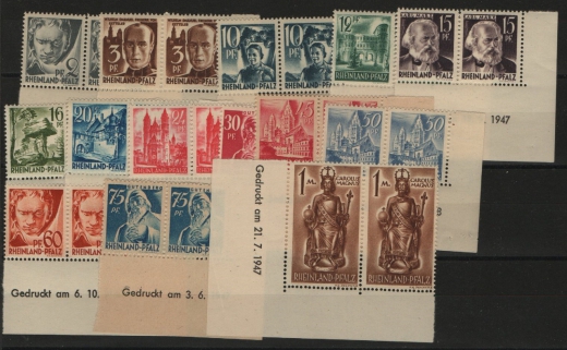 FRZ, Rheinland- Pfalz, 1947, Mi.- Nrn.: 1 Br u - 15 Br u (je Paar, vom ER mit Druckdatum, kpl. Satz!, **! Kabinettsatz! Selten!