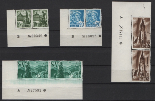 FRZ, Baden, 1947, Mi.- Nrn.: 1- 13, (je Paar, vom ER mit Bogennr.), kpl. Satz!, **! Kabinettsatz! Selten!