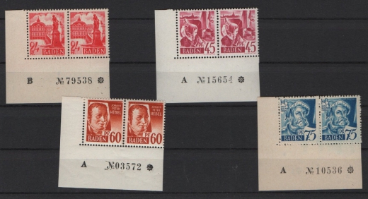 FRZ, Baden, 1947, Mi.- Nrn.: 1- 13, (je Paar, vom ER mit Bogennr.), kpl. Satz!, **! Kabinettsatz! Selten!