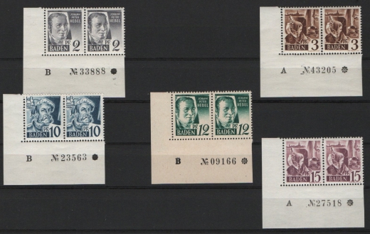 FRZ, Baden, 1947, Mi.- Nrn.: 1- 13, (je Paar, vom ER mit Bogennr.), kpl. Satz!, **! Kabinettsatz! Selten!
