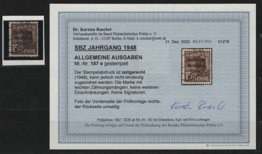 SBZ, Allgem. Ausgaben, 1948, Mi.- Nr.: 187 e, gestempelt, Befund Dr. Ruscher BPP, echt + ...! Gutes Bedarfsstück! Selten!