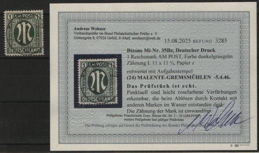 Bizone, AM- Post, 1945, Mi.- Nr.: 35 Bz, gestempelt, akt. Befund Wehner BPP; e+ ..... e! Gutes Bedarfsstück! Selten!