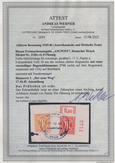 Bizone, AM- Post, 1945, Mi.- Nr.: 21 Dz r4, gestempelt, akt. FA Wehner BPP; e+ ..... e! Sehr gutes Bedarfsstück! Selten!