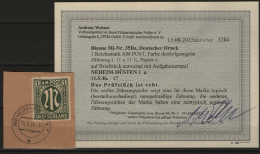 Bizone, AM- Post, 1945, Mi.- Nr.: 35 Bz, auf kl. Briefstück, akt. Befund Wehner BPP; e+ ..... e! Gutes Bedarfsstück! Selten!
