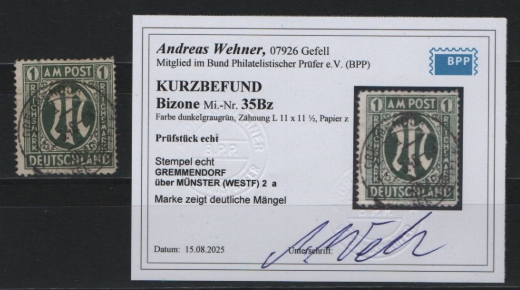 Bizone, AM- Post, 1945, Mi.- Nr.: 35 Bz, gestempelt, akt. K.- Befund Wehner BPP; e+ ...! Bedarfsstück! Selten!