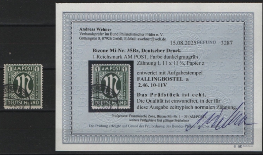 Bizone, AM- Post, 1945, Mi.- Nr.: 35 Bz, auf kl. Briefstück, akt. Befund Wehner BPP; e+e! Gutes Bedarfsstück! Selten!