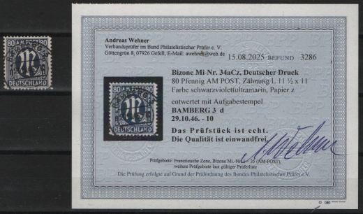 Bizone, AM- Post, 1945, Mi.- Nr.: 34 a Cz, gestempelt, akt. Befund Wehner BPP; e+e! Luxusstück! Selten!