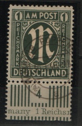 Bizone, AM- Post, 1945, Mi.- Nr.: 35 Bz mit Ur., mit PlF. 1! gestempelt, akt. FA Wehner BPP; e+e! Luxusstück! Sehr selten!