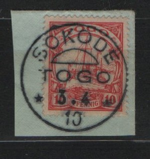 Dt. Kolonien, Stempel, Togo, 1910, Sokode auf Mi.- Nr.: 9, auf kl. Briefstück! Tiefstgeprüft Jäschke- L. BPP! Selten!