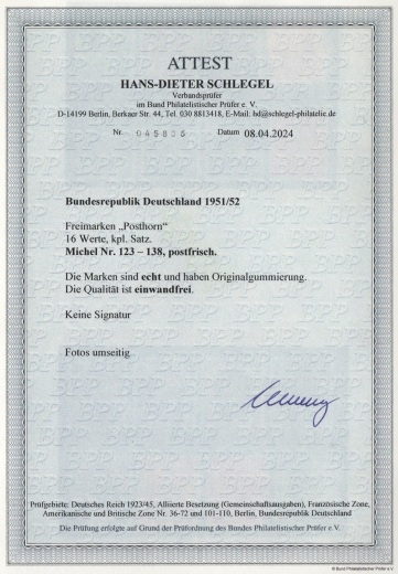 BRD, 1951/52, Mi.- Nrn.: 123- 138, **, Der Posthornsatz! Aktuelles Fotoattest Schlegel BPP; echt + einwandfrei! Luxussatz!
