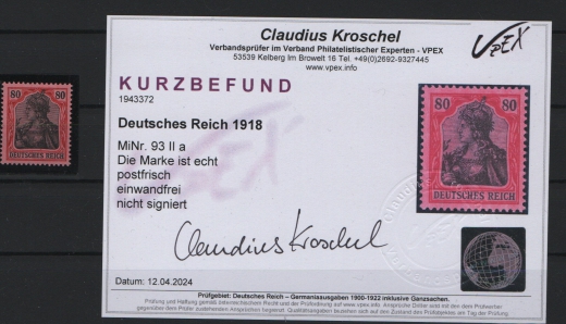 Dt. Kaiserreich, 1918, Mi.- Nr.: 93 IIa, **, mit Befund Kroschel VPEX,  Echt und einwandfrei Luxusstück! Selten!
