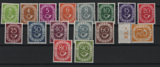 BRD, 1951/52, Mi.- Nrn.: 123- 138, **, Der Posthornsatz! Mi.- Nrn.: 131 + 133- 138 je tief(st)geprüft Schlegel BPP! Qualitätssatz!