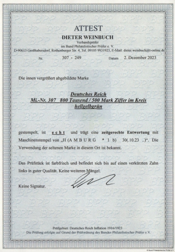 DR, Infla, 1923, Mi.- Nr.: 307, gestempelt, akt. FA Weinbuch BPP: echt und ....! Gutes Bedarfsstück! Sehr selten!