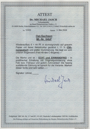 Ostsachsen, 1946, Mi.- Nr.: 64 b F, mit Ur., **! Akt. Fotoattest Dr. Jasch BPP; echt und einwandfrei! Luxusstück! RR!