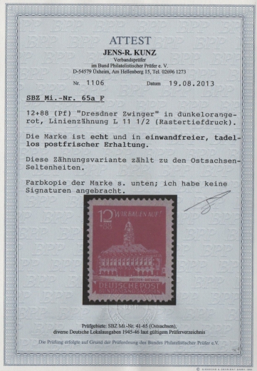 Ostsachsen, 1946, Mi.- Nr.: 65 a F, **! Fotoattest Kunz BPP; echt und einwandfrei! Luxusstück! RR! Rarität der SBZ!
