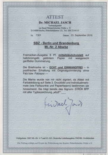 SBZ, Berlin- Brandenburg, 1945, Mi.- Nr.: 2 A b wbz, **, Fotoattest Dr. Jasch BPP: echt und einwandfrei! Rarität!