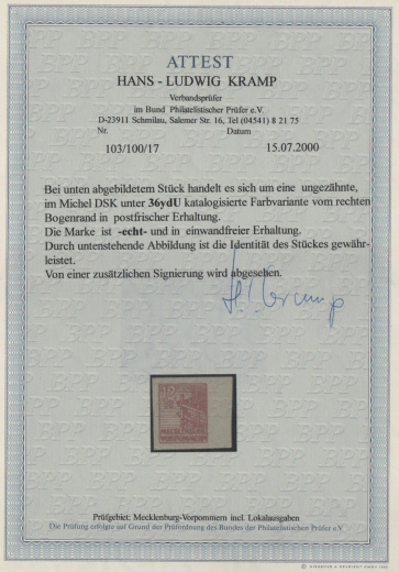 SBZ, MVP, 1946, Mi.- Nr.: 36 y d U, mit Sr., **, Fotoattest Kramp BPP; e+e! Selten!