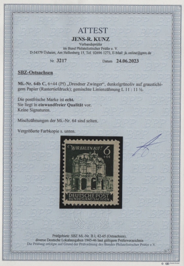 Ostsachsen, 1946, Mi.- Nr.: 64 b C, **! Akt. Fotoattest Kunz BPP; echt und einwandfrei! Luxusstück! RR!