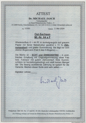 Ostsachsen, 1946, Mi.- Nr.: 64 a F, mit Or., **! Akt. Fotoattest Dr. Jasch BPP; echt und einwandfrei! Luxusstück! RR!