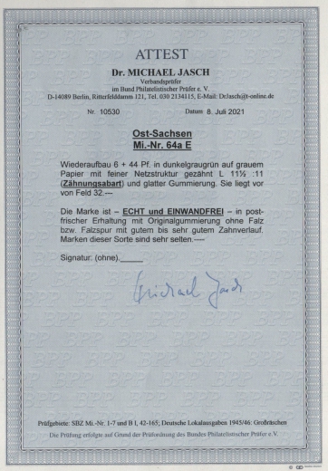 Ostsachsen, 1946, Mi.- Nr.: 64 a E, **! Akt. Fotoattest Dr. Jasch BPP; echt und einwandfrei! Luxusstück! RR!