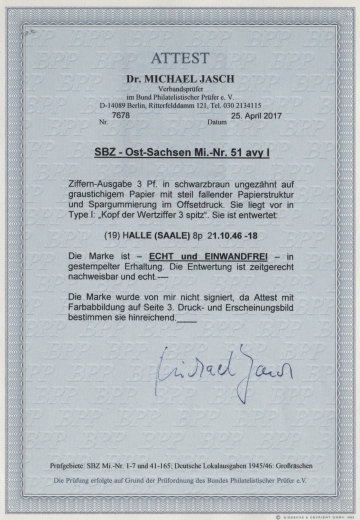 Ostsachsen, 1946, Mi.- Nr.:51 a vy I, gestempelt! Fotoattest Dr. Jasch BPP; echt und einwandfrei! Luxusstück! R!