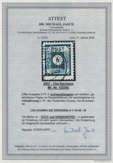 Ostsachsen, 1946, Mi.- Nr.: 43 D II b, gestempelt! Akt. FA Dr. Jasch BPP; e + e! Luxusstück! Selten!