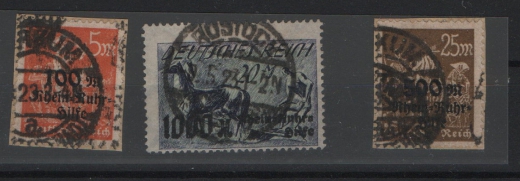 DR, Infla, 1923, Mi.- Nr.: 258- 60, gestempelt, geprüft Infla Berlin + die 260 tiefstgeprüft Peschl BPP! Selten! Luxussatz!