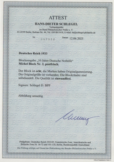 III. Reich, 1933, Mi.- Nr.: Bl. 2, **, Der Nothilfeblock, akt. (6/25) FA Schlegel BPP; e + e! Luxusstück! RR!
