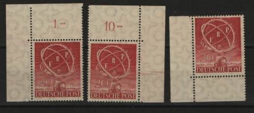 Berlin, 1950, Mi.- Nr.: 71 (3x), **, je vom mit Er., lo., ro. lu., 1x tiefstgeprüft D. Schlegel BPP! Qualitätsstücke, selten!