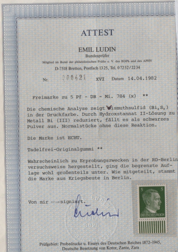 III. Reich, 1941, Mi.- Nr.: 784 (Probe?), **, Fotoattest Ludin BPP! Selten!