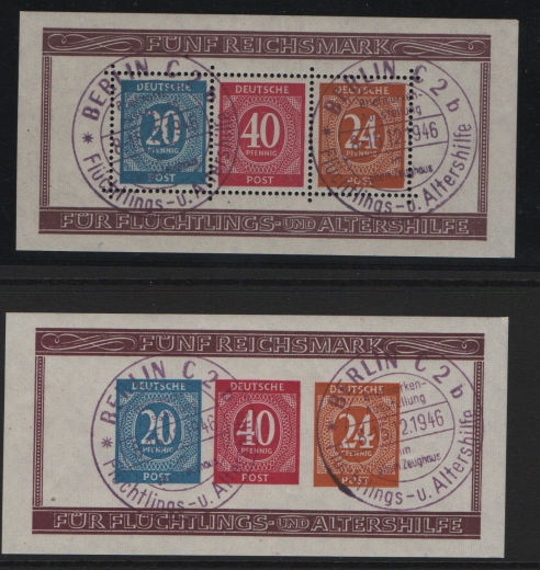 Allierte Besetzung / Kontrollrat, 1946, Mi.- Nrn.: Bl. 12 A / B, gestempelt, je tiefstgeprüft Schlegel BPP! Luxussatz!