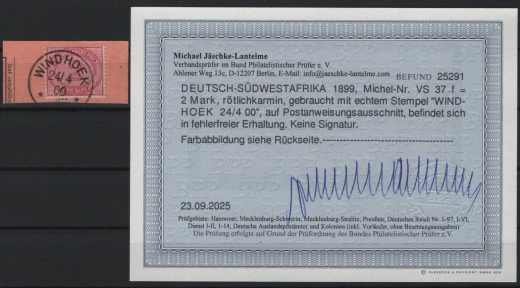 Dt. Kolonien, DSWA, 1899, Mi.- Nr.: VS 37 f, auf kl. Briefstück! Akt Befund Jäschke- L. BPP: e + e! Selten!