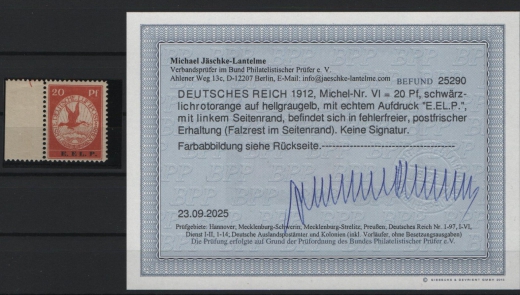 Dt. Kaiserreich, Flugpost, 1912, Mi.- Nr.: VI, **, mit Sr. (hier *)! Akt. Befund Jäschke- L. BPP; e+e! Luxusstück! Selten!