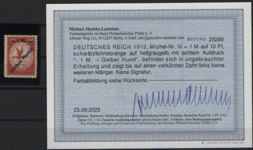 Dt. Kaiserreich, Flugpost, 1912, Mi.- Nr.: IV, *, akt. Befund Jäschke- L. BPP; (e+ ...)! Gutes Kabinettstück! Selten!