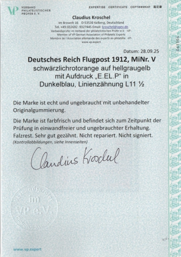 Dt. Kaiserreich, Flugpost, 1912, Mi.- Nr.: V, *! Akt. FA. Kroschel VP / VPEX; e+e! Luxusstück! Selten!