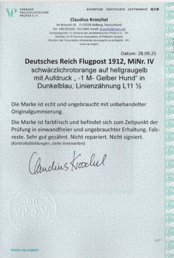 Dt. Kaiserreich, Flugpost, 1912, Mi.- Nr.: IV, *! Akt. FA. Kroschel VP / VPEX; e+e! Luxusstück! Selten!