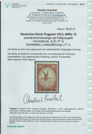 Dt. Kaiserreich, Flugpost, 1912, Mi.- Nr.: VI, *! Akt. FA. Kroschel VP / VPEX; e+e! Luxusstück! Selten!