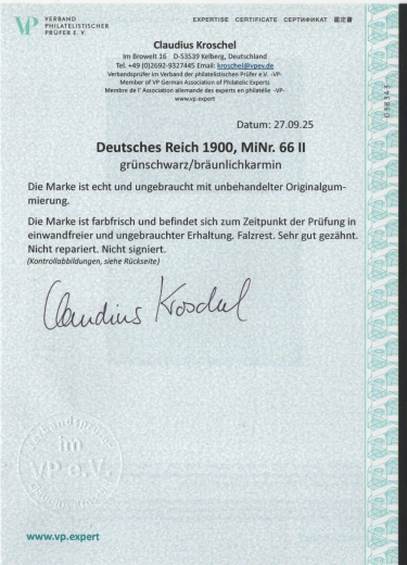 DR, Germania- Reichspost, Mi.- Nr.: 66, Type II, *, akt. FA Kroschel VP / VPEX; e+e! Luxusstück! Selten!