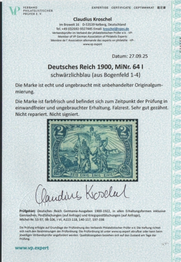 DR, Germania- Reichspost, Mi.- Nr.: 64, Type I, *, akt. FA Kroschel VP / VPEX; e+e! Luxusstück! Selten!
