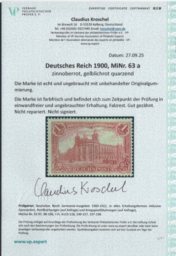 DR, Germania- Reichspost, Mi.- Nr.: 63 a, *, akt. FA Kroschel VP / VPEX; e+e! Luxusstück! Selten!