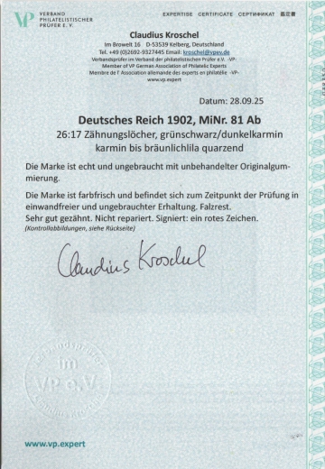 Dt. Kaiserreich, 1902, Germania o. Wz., Mi.- Nr.: 81 Ab, *, akt. FA Kroschel VP / VPEX; e+e! Luxusstück! Selten!