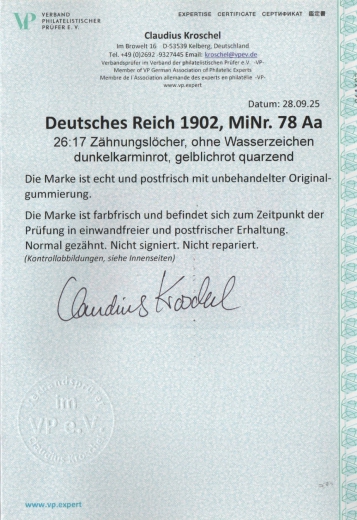Dt. Kaiserreich, 1902, Germania o. Wz., Mi.- Nr.: 78 Aa, **, akt. FA Kroschel VP / VPEX; e+e! Luxusstück! Sehr selten! RR!