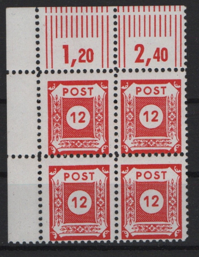 Ost- Sachsen, 1945, Mi.- Nr.: 46 Ea Z (4er- ER!), Postmeisterttr. Großröhrsdorf!, **/*, akt. Fotoattest Dr. Jasch BPP: echt + ....! Kabinettstück!