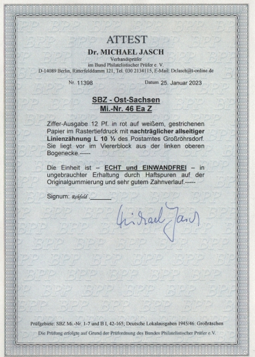 Ost- Sachsen, 1945, Mi.- Nr.: 46 Ea Z (4er- ER!), Postmeisterttr. Großröhrsdorf!, **/*, akt. Fotoattest Dr. Jasch BPP: echt + ....! Kabinettstück!