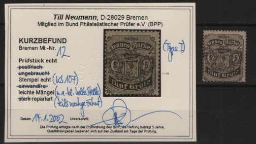 Bremen, 1867, Mi.- Nr.: 12, gestempelt, Kurzbefund T. Neumann BPP! Kabinettstück!