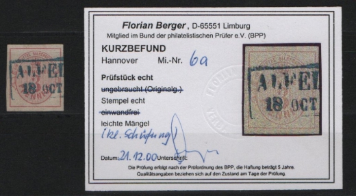 Hannover, 1853, Mi.- Nr.: 6 a, gestempelt, KB Berger BPP! Prachtstück!