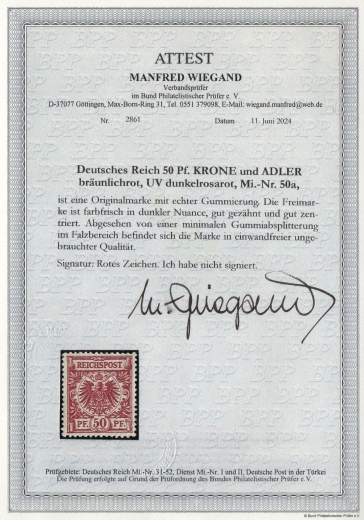 Krone / Adler, 1889, Mi.- Nr.: 50 a, *, akt. Fotoattest Wiegand BPP; echt+ ... einwandfrei! Sehr selten!